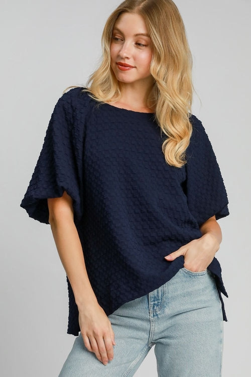 Umgee Full Size Boxy Cut Jacquard Round Neck Top with Side Slit Plus S